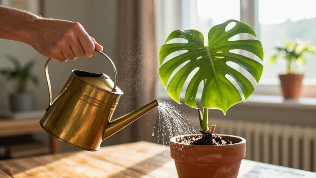 Manos regando una planta Monstera con una regadera de latón bajo la luz del sol.