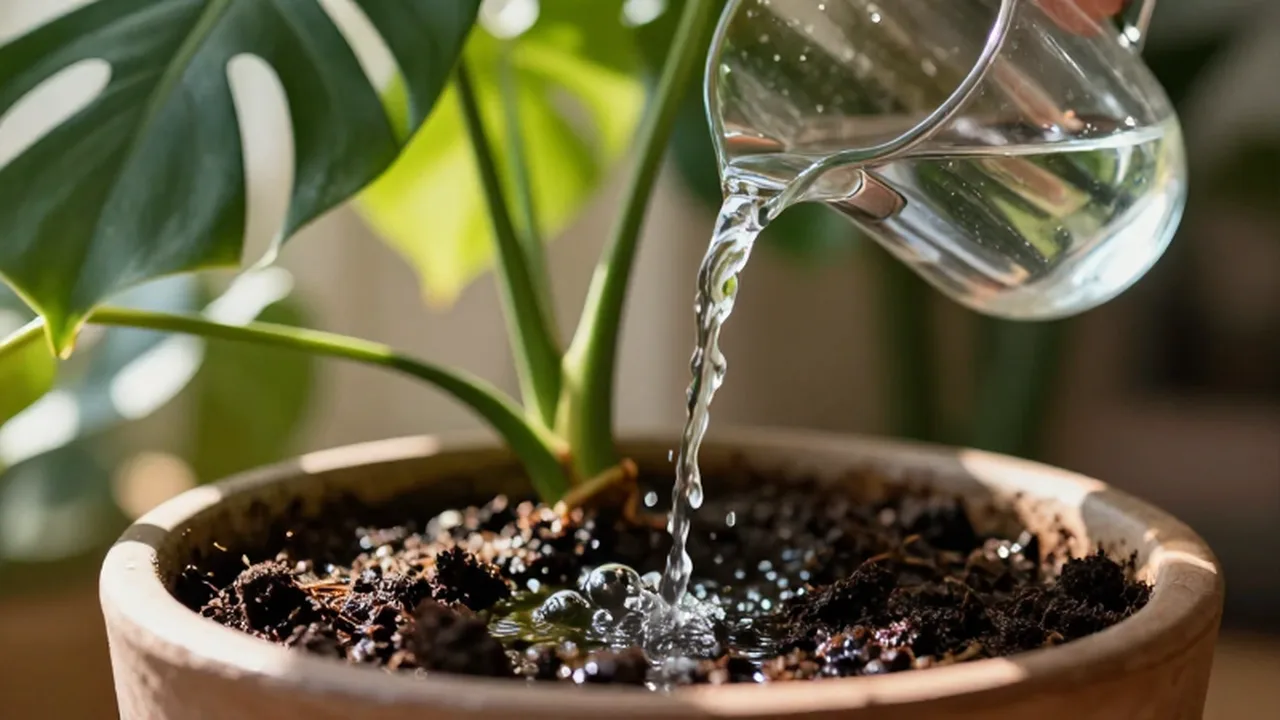 Agua cristalina cayendo de una regadera de vidrio sobre el sustrato húmedo de una planta Monstera.