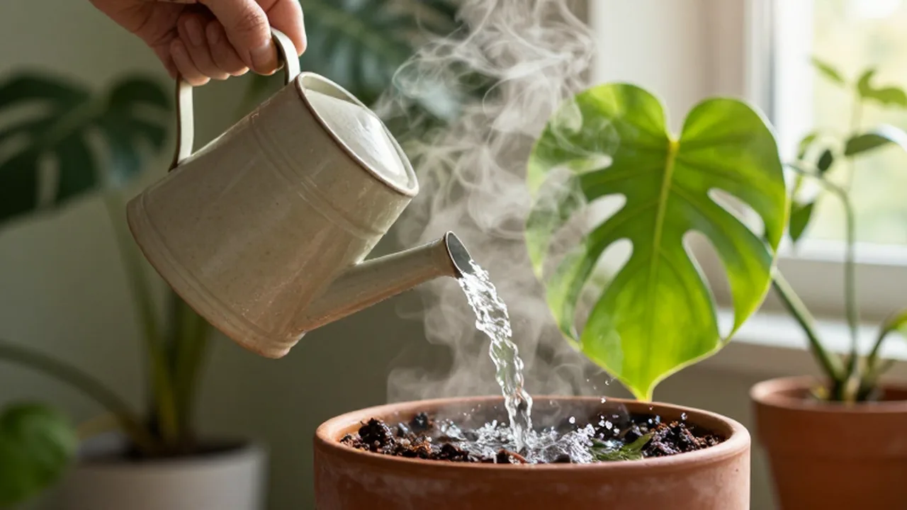 Una mano vierte agua con vapor de una regadera de cerámica sobre una planta Monstera.