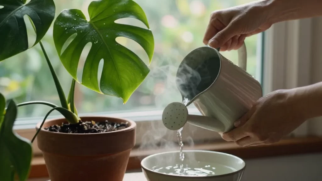Manos vertiendo agua con cuidado de una regadera de cerámica a una planta Monstera en una maceta de terracota.