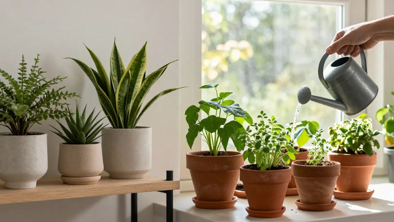 Plantas de interior en estantes de madera junto a un huerto de hierbas aromáticas en la cocina.