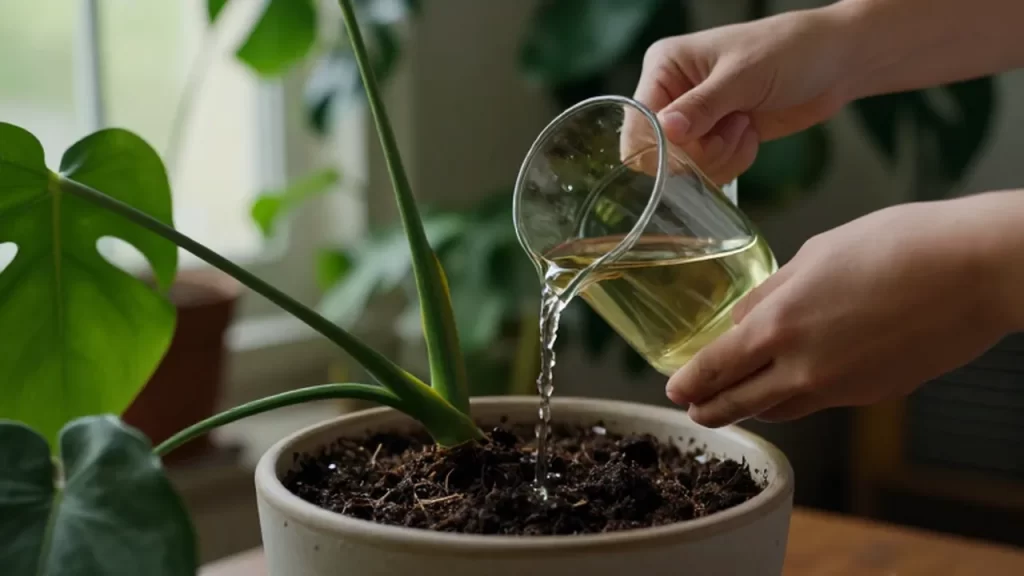 Manos vertiendo fertilizante líquido sobre la tierra húmeda de una planta Monstera Deliciosa.