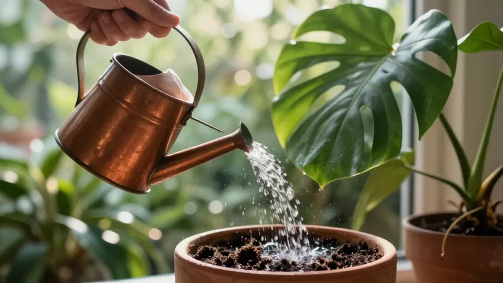Una mano vierte agua de una regadera de cobre sobre una planta Monstera en una maceta de terracota.