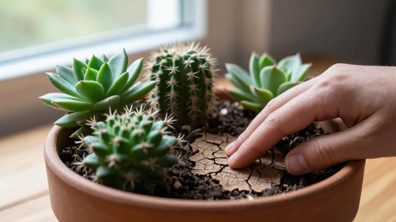Una mano comprueba la humedad de la tierra seca en una maceta con suculentas y cactus.