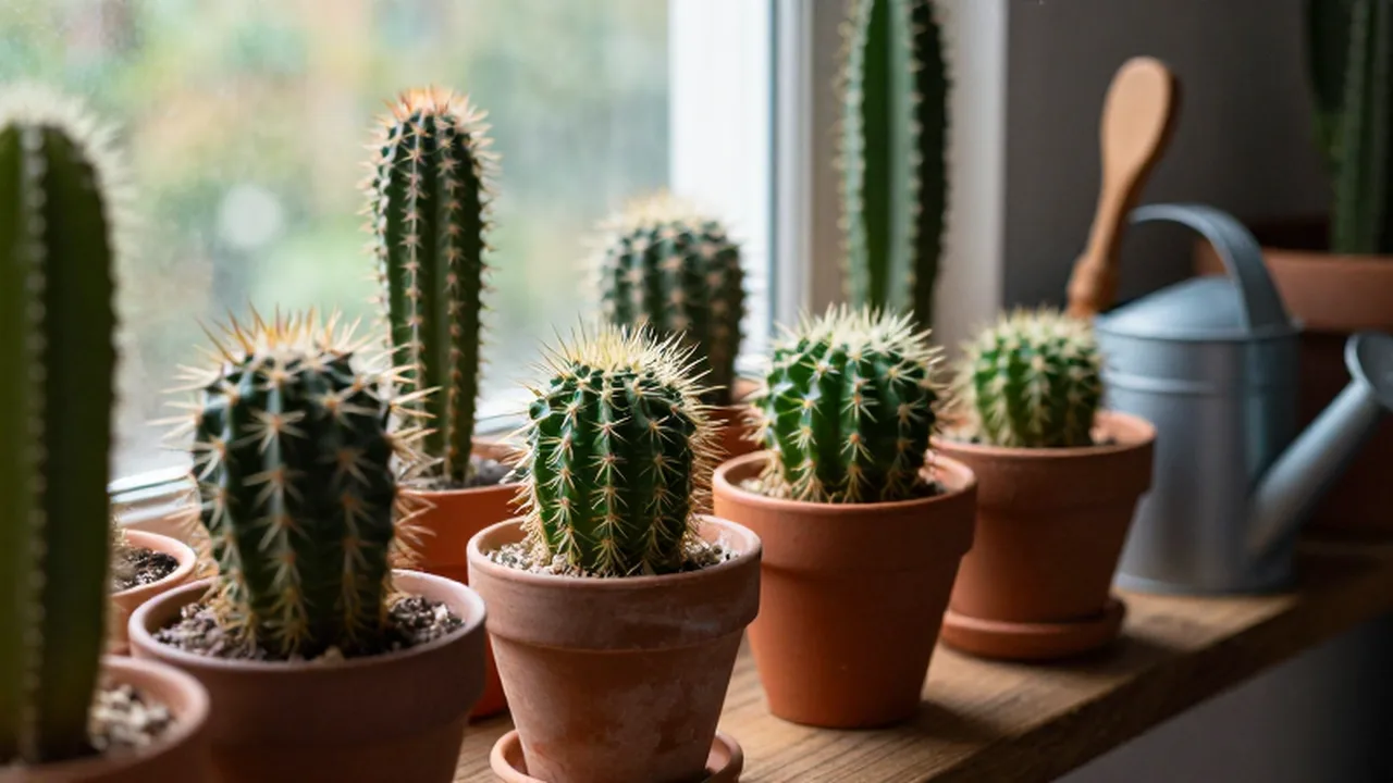Variedad de cactus en macetas de terracota sobre un alféizar de madera bajo la luz del sol.
