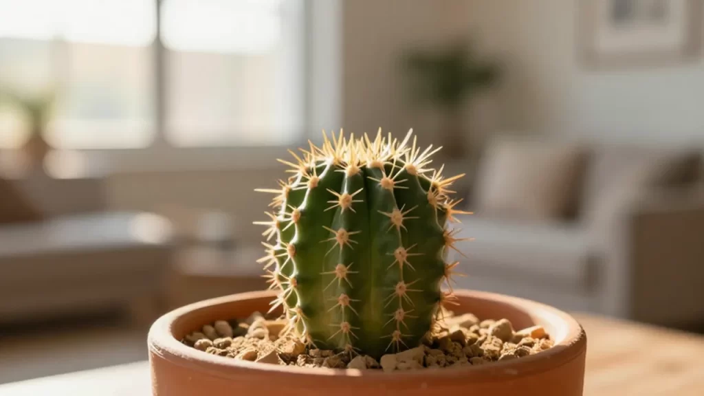 Pequeño cactus con espinas en una maceta de terracota iluminado por la luz del atardecer.