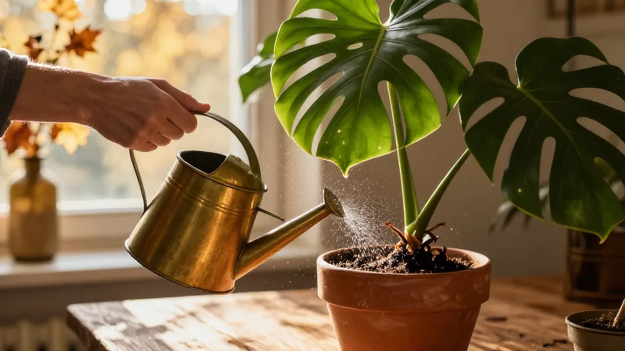Manos regando una planta Monstera con una regadera de latón sobre una mesa de madera.