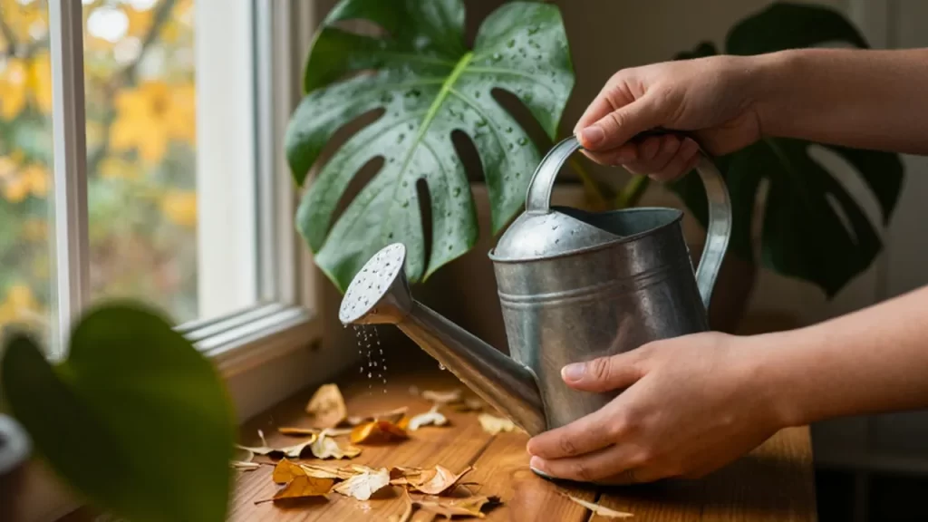 Manos regando con una regadera metálica una planta de monstera bajo la luz del sol.