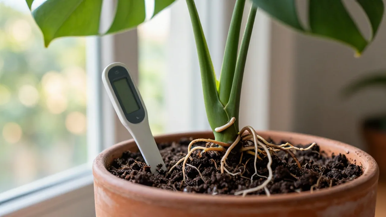 Medidor de pH insertado en la tierra húmeda de una planta Monstera en una maceta.