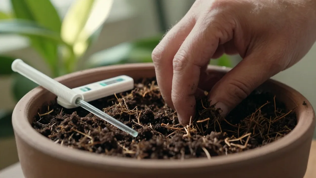 Manos de jardinero trabajando con tierra orgánica en una maceta junto a un kit de pH.