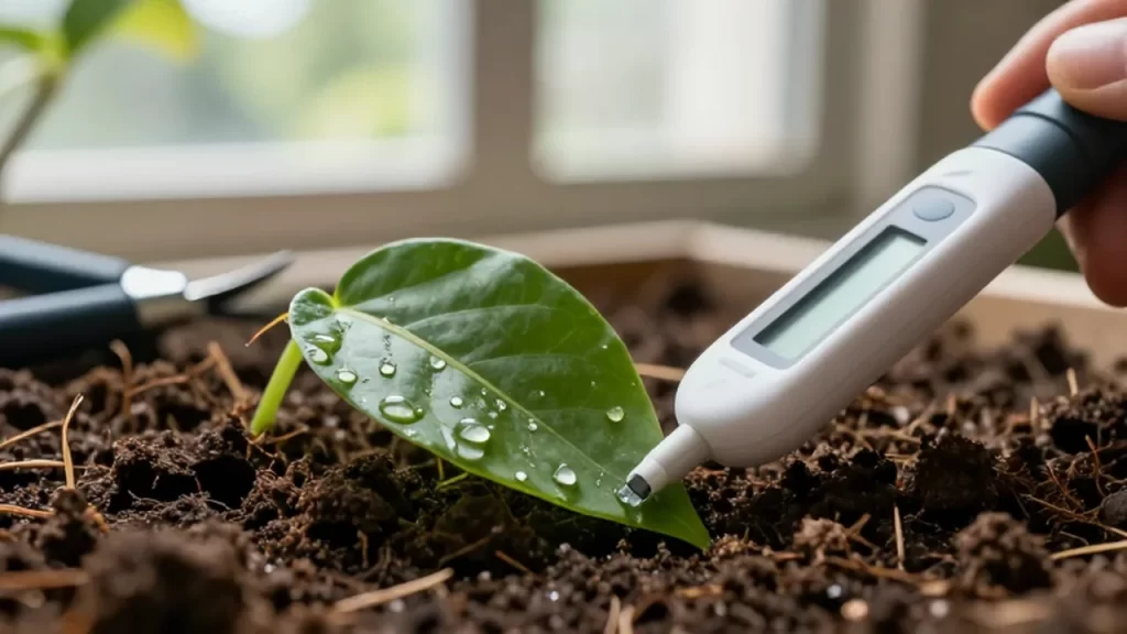 Un medidor digital de pH mide la humedad de una planta verde sobre tierra húmeda.