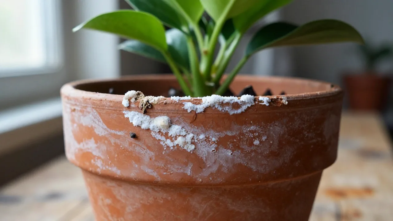 Planta verde saludable creciendo en una maceta de terracota con acumulación de sales minerales.