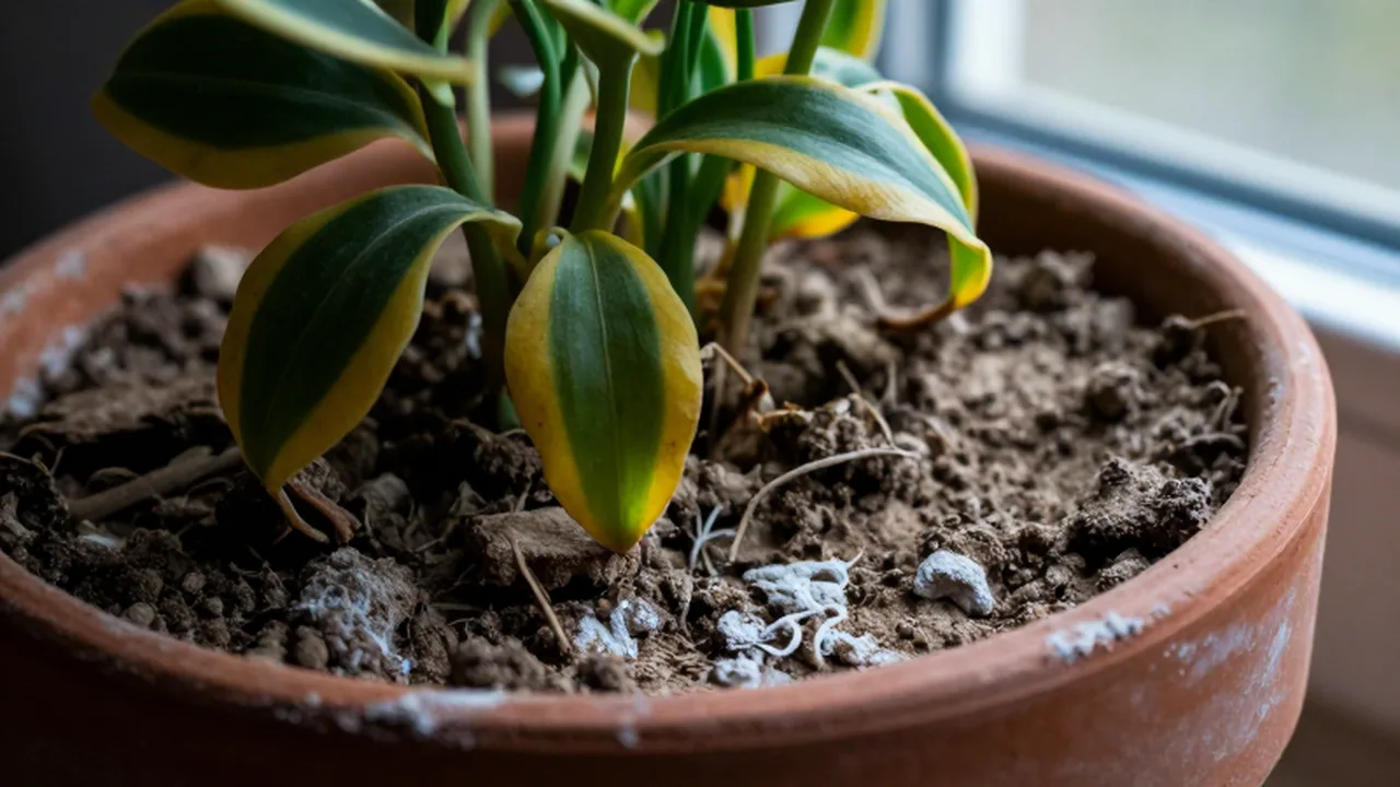 Planta de interior marchita en maceta de terracota con depósitos de cal sobre la tierra seca.