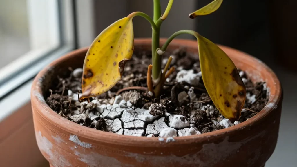 Planta de interior marchita en maceta de barro con depósitos de cal y hojas amarillentas.