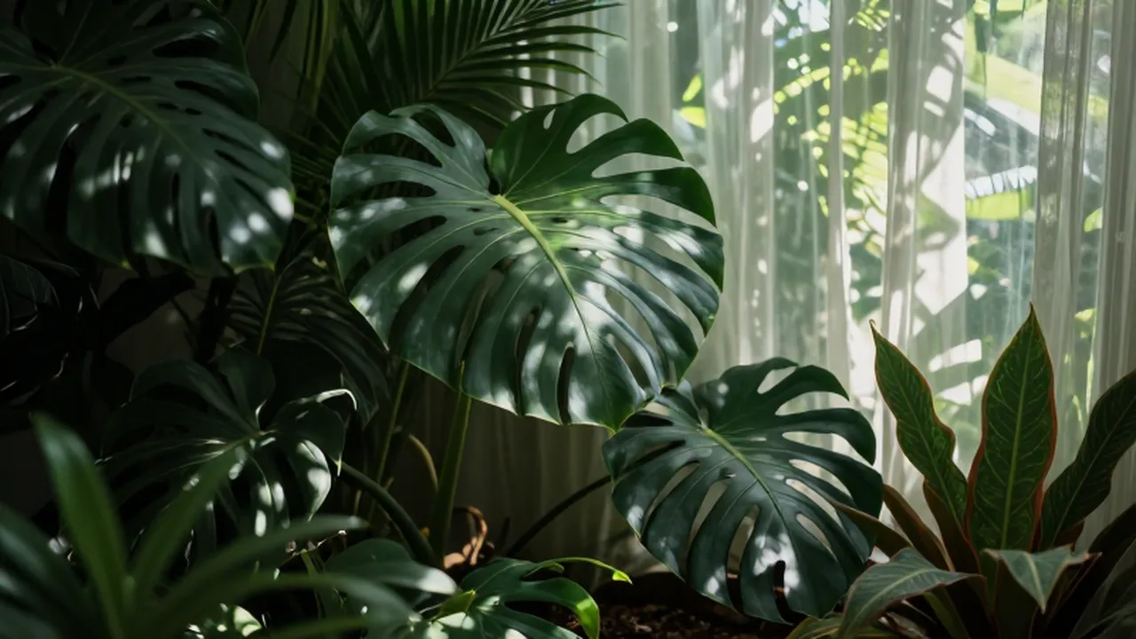 Hojas de plantas tropicales bañadas por luz solar filtrada y sombras profundas en un jardín interior.