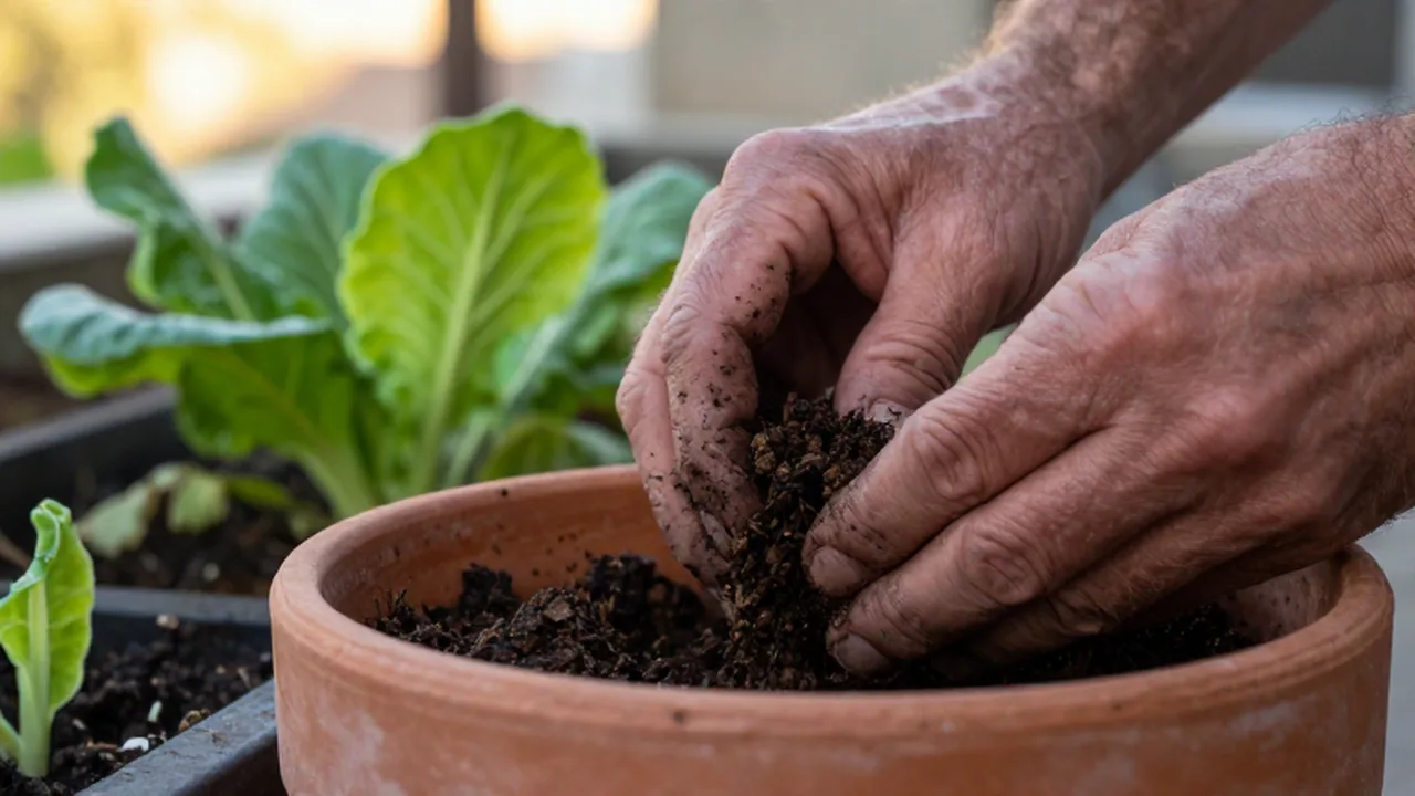 Manos de jardinero esparciendo compost orgánico oscuro sobre una planta en una maceta de terracota.