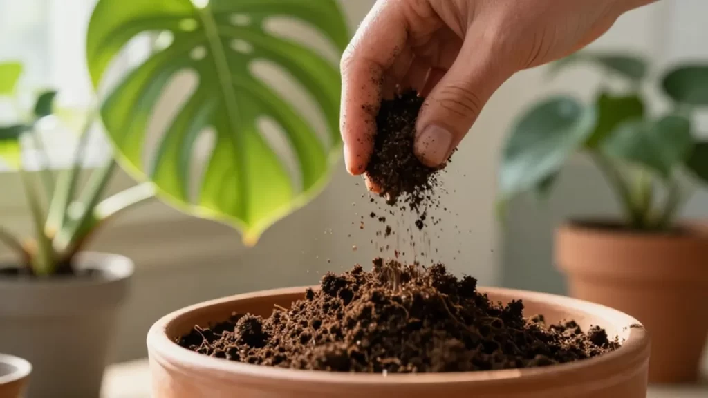 Manos con restos de tierra esparciendo compost orgánico sobre una planta Monstera en una maceta.