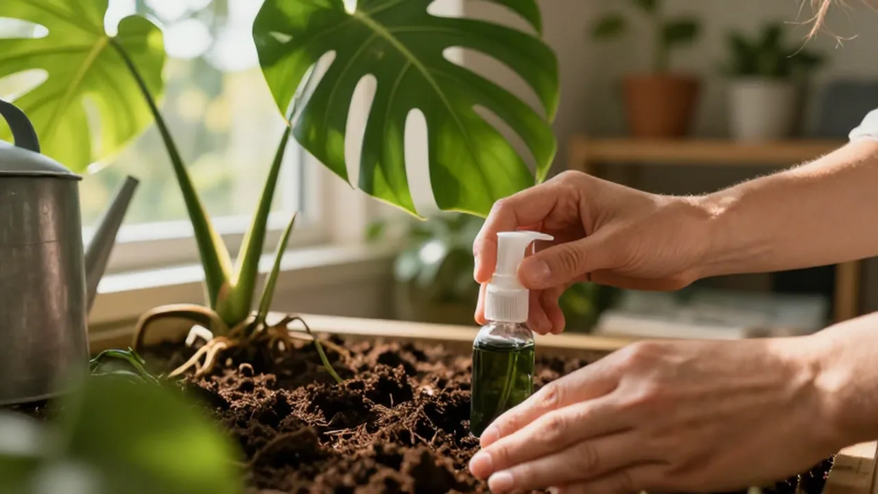 Manos aplicando fertilizante líquido a una planta Monstera deliciosa en una habitación luminosa.