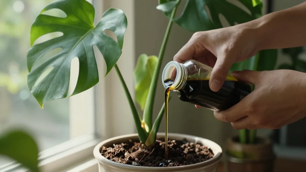 Manos de un jardinero vertiendo fertilizante líquido de algas en la base de una Monstera.