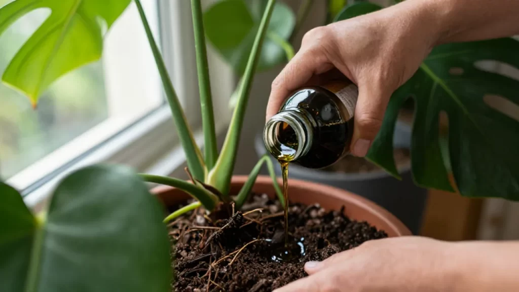 Manos de un jardinero vertiendo fertilizante líquido sobre la tierra de una planta monstera.