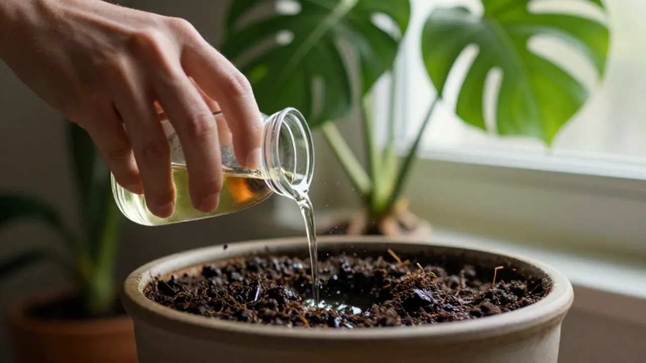 Manos vertiendo fertilizante líquido de un frasco sobre la tierra de una planta Monstera.