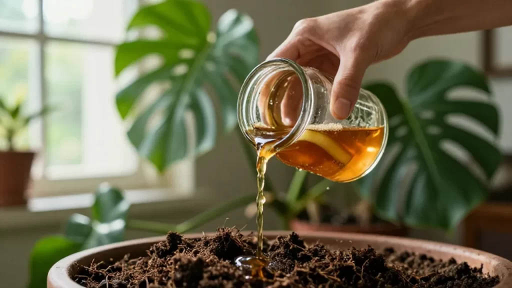 Manos vertiendo té de cáscara de banana en la tierra de una planta monstera.