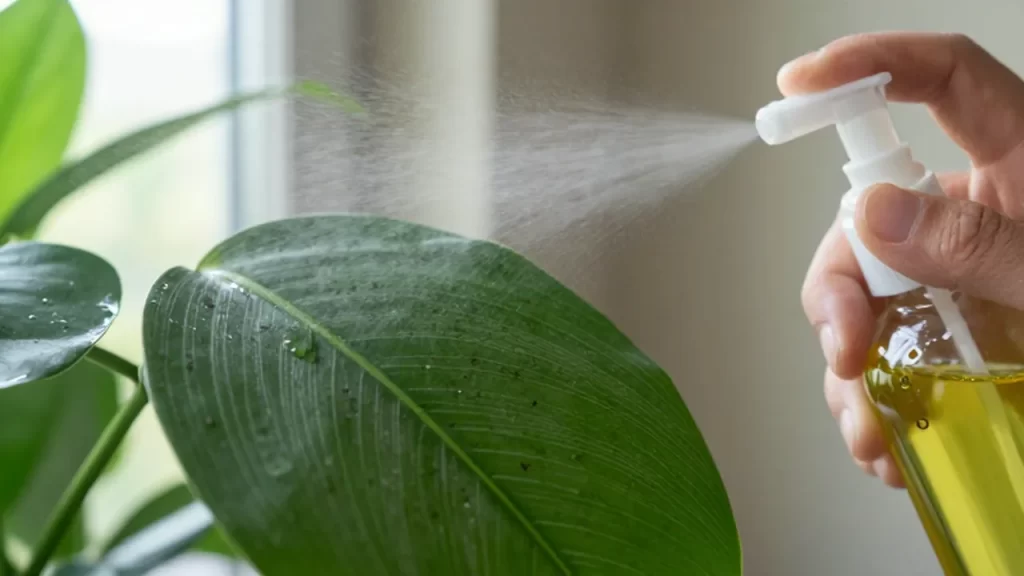 Pulverización de una solución de aceite de neem sobre la hoja de una planta para tratar plagas.
