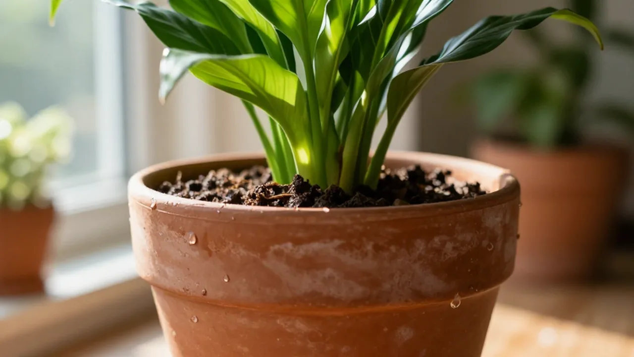 Planta de lirio de la paz en una maceta de barro con gotas de agua.