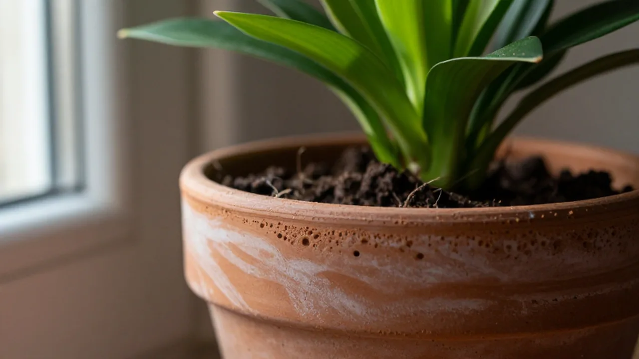 Planta de hojas verdes vibrantes creciendo en una maceta de terracota bajo la luz del sol.