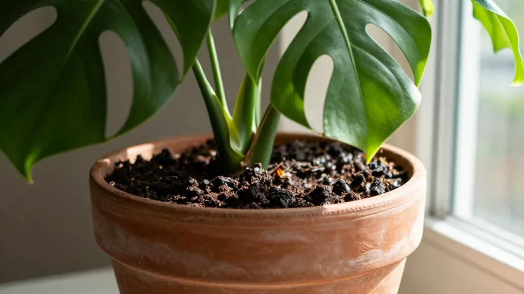Planta de Monstera deliciosa con hojas verdes brillantes en una maceta de terracota.