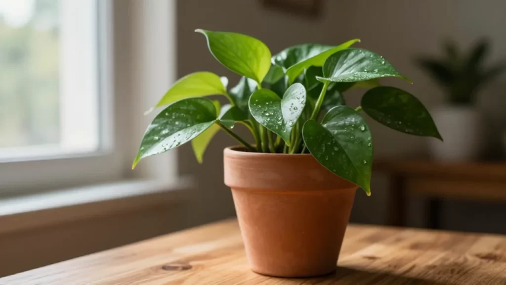 Planta de potos verde y brillante en una maceta de terracota sobre una mesa de madera.