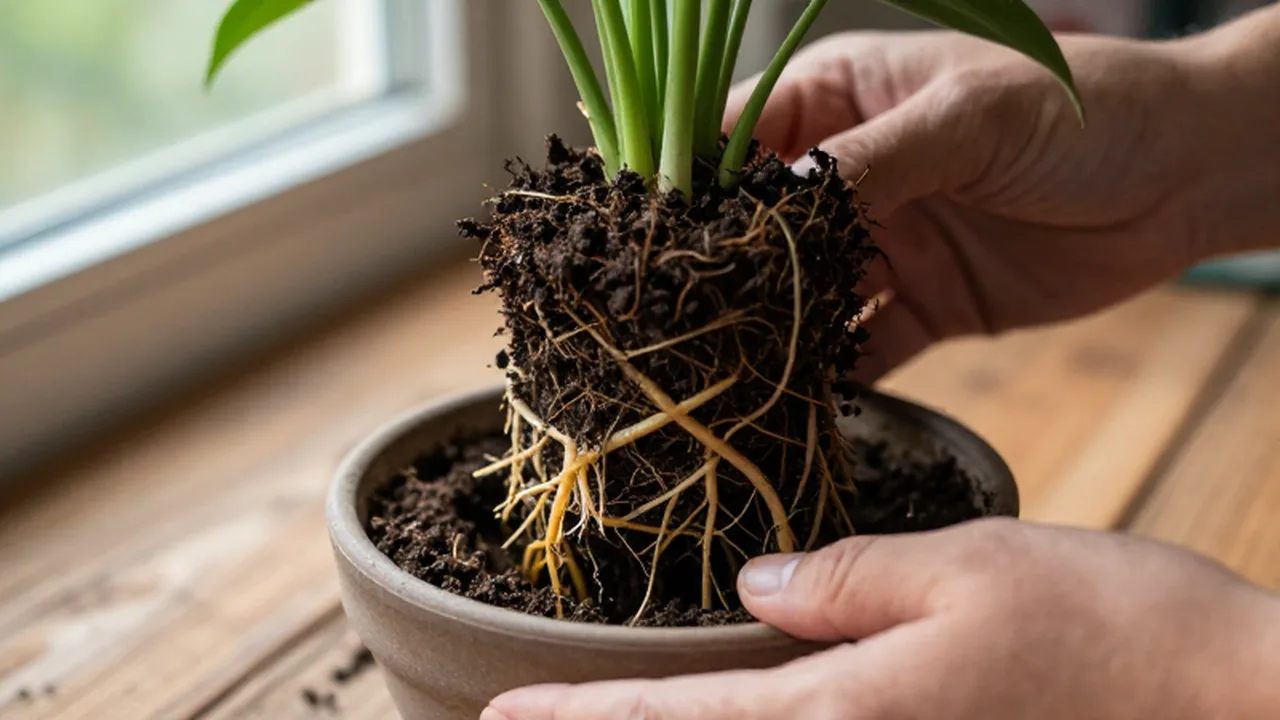 Manos de jardinero sacando una planta de su maceta para mostrar raíces amarillentas por exceso de agua.