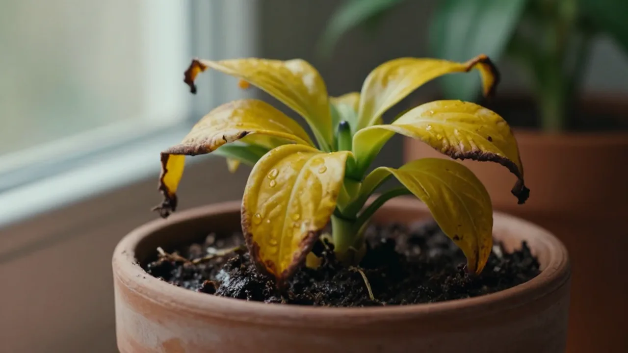 Planta de interior con hojas amarillentas y marchitas en una maceta de terracota con tierra húmeda.