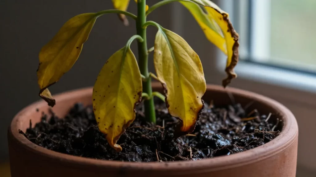 Planta de interior marchita con hojas amarillentas y tierra empapada en una maceta de terracota.