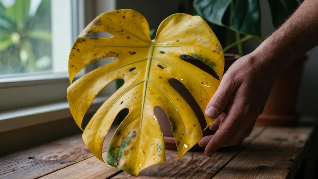 Una mano toca con cuidado las hojas amarillentas y marchitas de una planta Monstera.