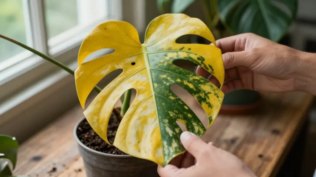 Manos de un jardinero inspeccionando las hojas amarillentas de una planta Monstera en una mesa de madera.
