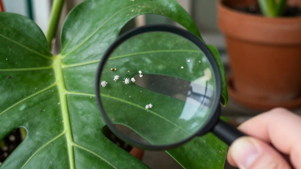 Una mano sostiene una lupa para inspeccionar cochinillas blancas en el envés de una hoja de Monstera.