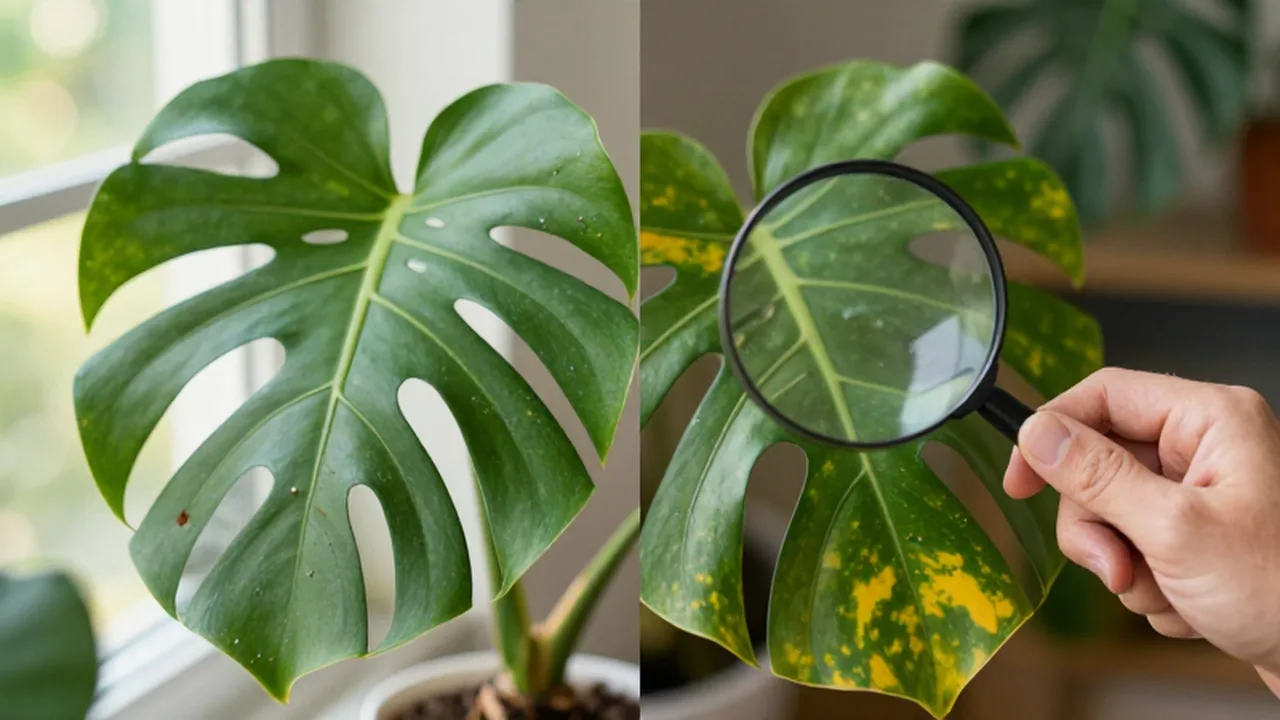 Una persona inspecciona con una lupa la diferencia entre una hoja sana de Monstera y otra con manchas y plagas.