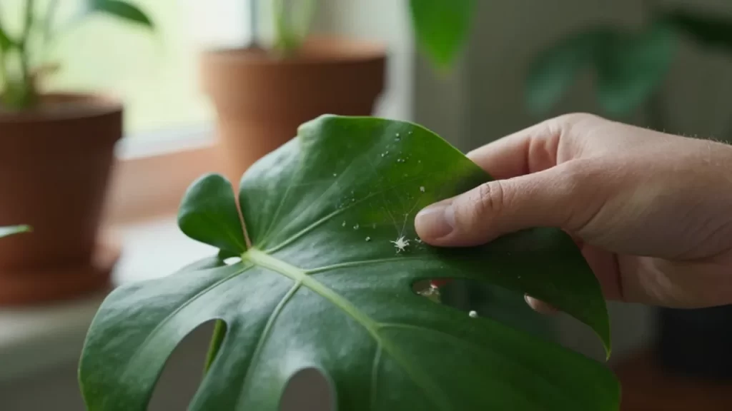Una mano inspecciona el reverso de una hoja de Monstera con pequeñas arañas blancas y telarañas.