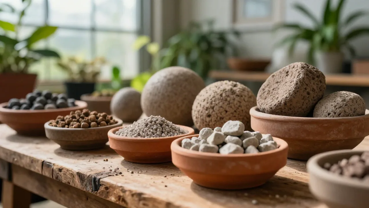 Arcilla expandida de distintos tamaños contenida en cuencos de terracota sobre un banco de madera.