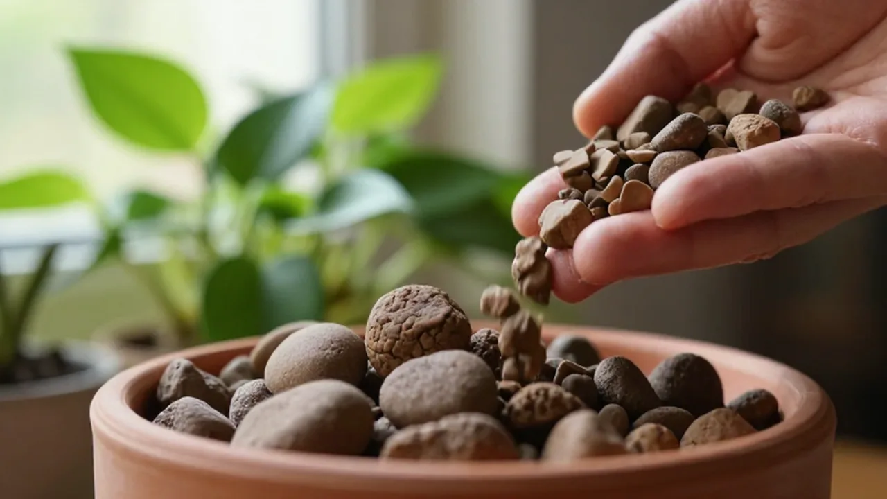 Mano vertiendo pequeñas piedras de arcilla marrón en una maceta de terracota con plantas verdes.
