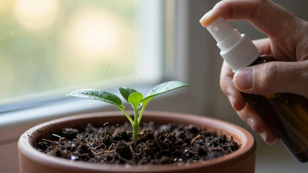 Pequeña planta de interior con mosquitos en la tierra junto a un pulverizador con agua.