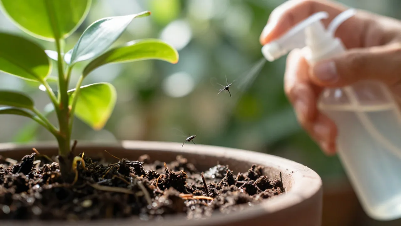 Pequeños insectos negros revolotean sobre la tierra húmeda de una planta de interior.