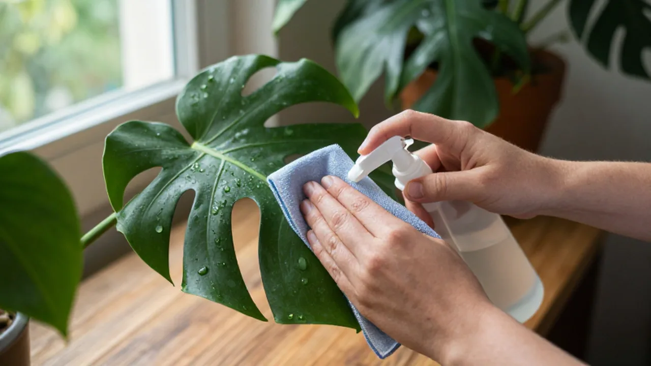 Manos limpiando con un paño suave las grandes hojas verdes de una planta Monstera.