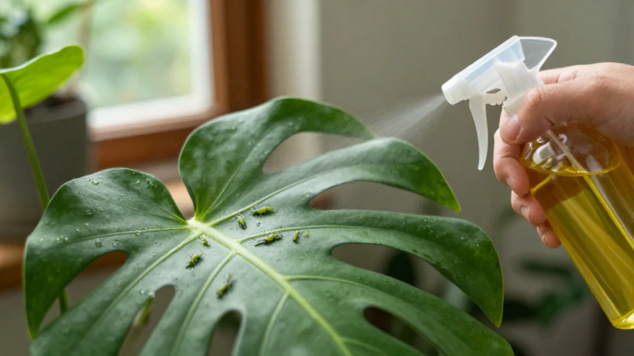 Una mano rocía aceite de neem sobre un grupo de pulgones verdes en una hoja de Monstera.