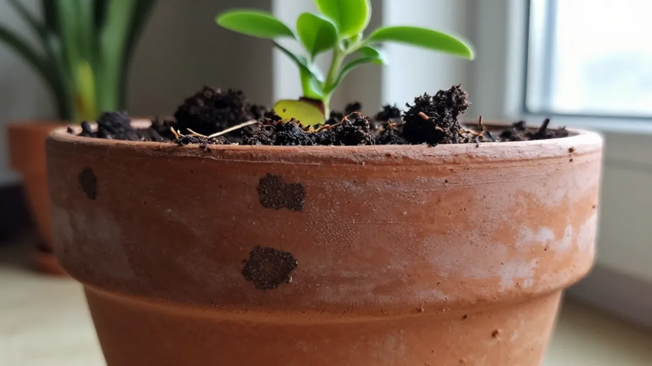 Planta verde en una maceta de barro con humedad y moho blanco en la superficie.