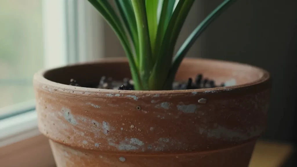 Planta verde creciendo en una maceta de barro terracota con manchas blancas de moho.
