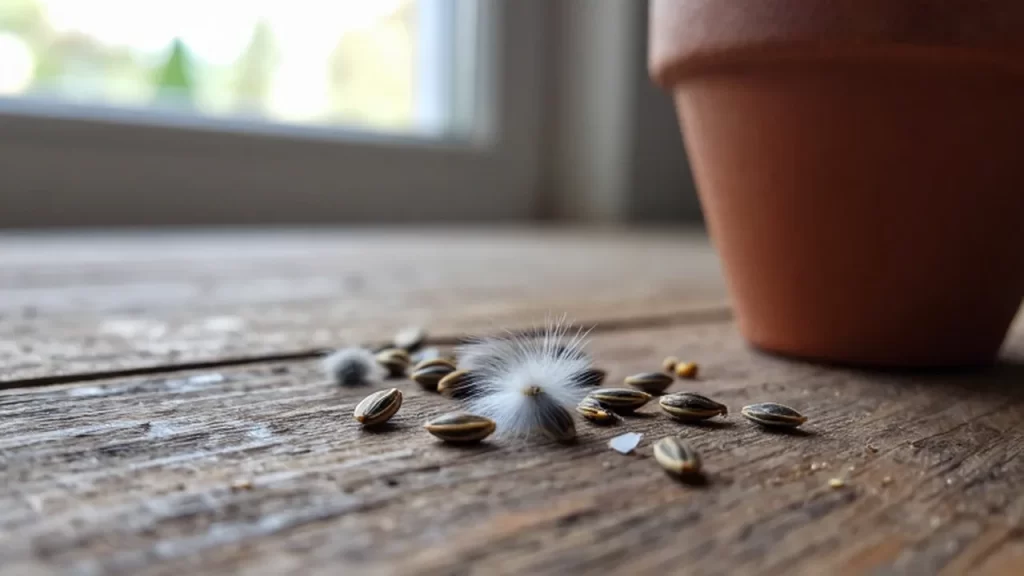 Semillas de vegetales deshidratadas con presencia de moho blanco sobre una mesa de madera.