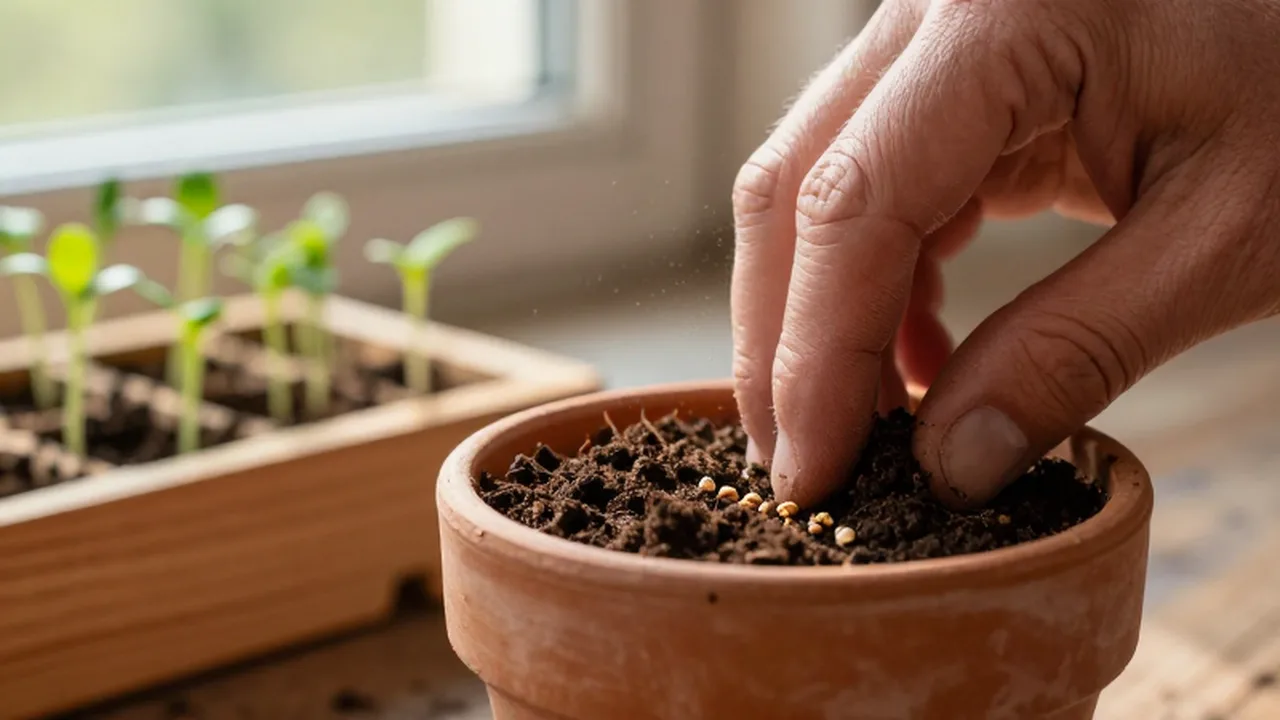 Manos de jardinero presionando tierra orgánica en una maceta de terracota con semillas de heirloom.