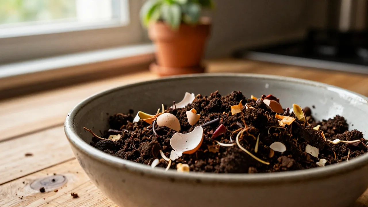 Cuenco de cerámica con restos vegetales, cáscaras de huevo y posos de café sobre una mesa de madera.